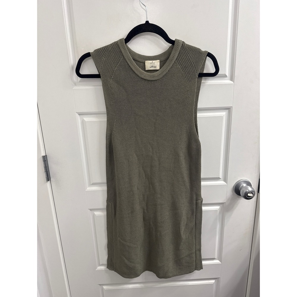 Wilfred Aritzia Olive Green Knit Sleeveless Tunic Top Crew Neck Side Slit Medium